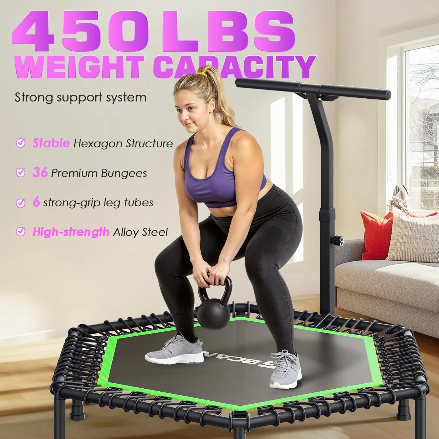 BCAN 48"/51" Mini Hexagon Trampoline, Max Load 450 LBS Fitness Trampoline with T-Adjustable Handle Bar, Silent Bungees, Larger, More Stable, Quieter Exercise Rebounder for Adults Indoor/Garden Workout