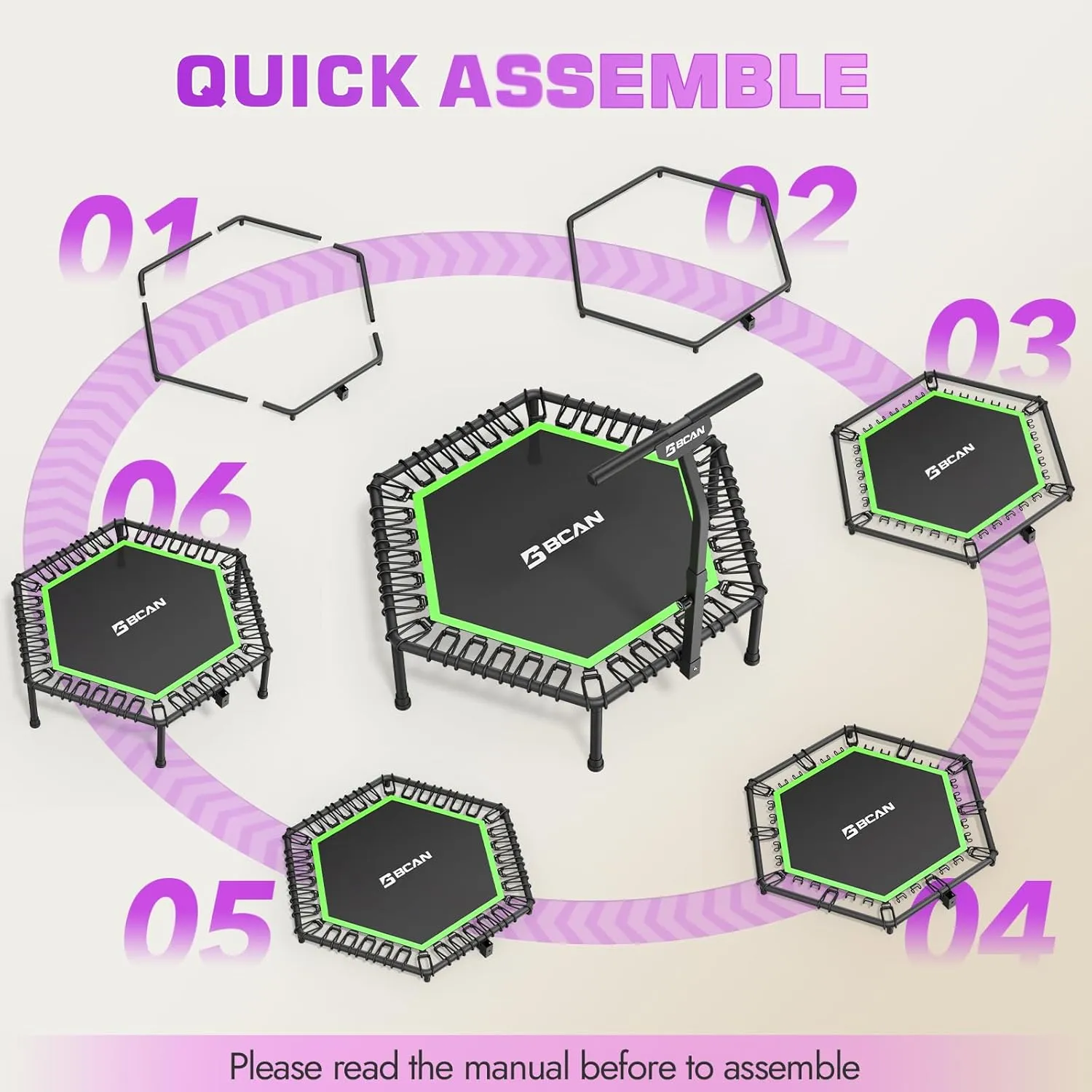 BCAN 48"/51" Mini Hexagon Trampoline, Max Load 450 LBS Fitness Trampoline with T-Adjustable Handle Bar, Silent Bungees, Larger, More Stable, Quieter Exercise Rebounder for Adults Indoor/Garden Workout
