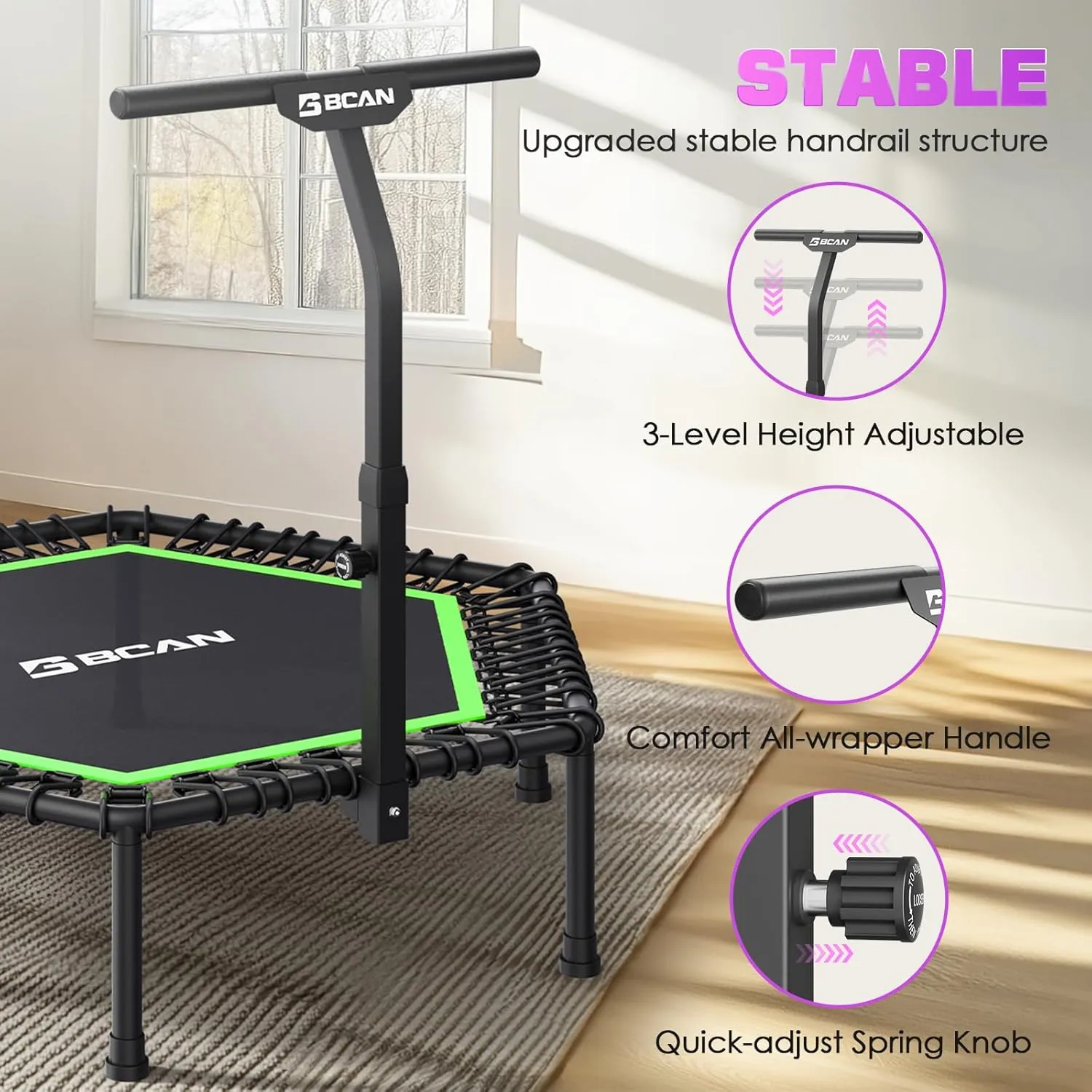 BCAN 48"/51" Mini Hexagon Trampoline, Max Load 450 LBS Fitness Trampoline with T-Adjustable Handle Bar, Silent Bungees, Larger, More Stable, Quieter Exercise Rebounder for Adults Indoor/Garden Workout