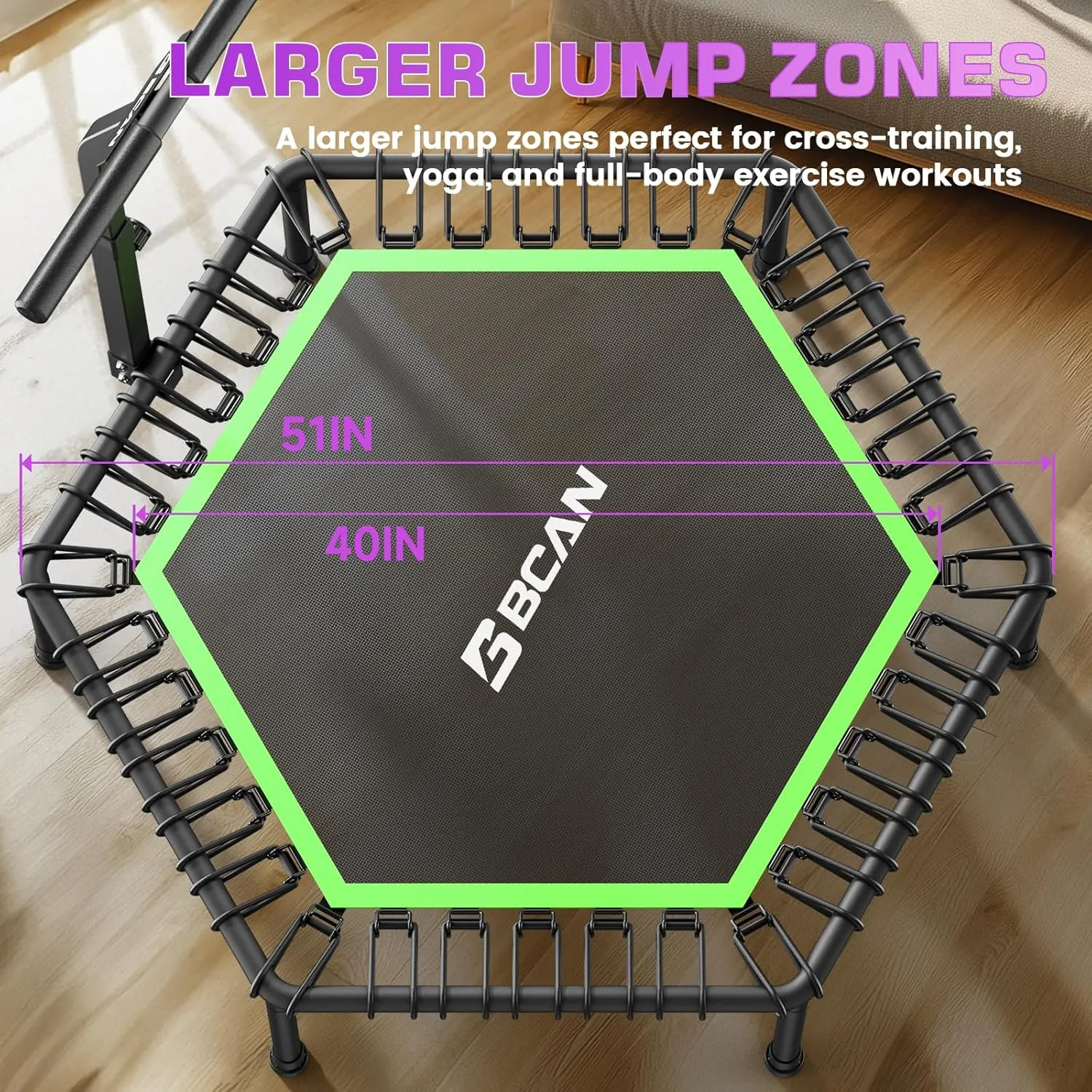 BCAN 48"/51" Mini Hexagon Trampoline, Max Load 450 LBS Fitness Trampoline with T-Adjustable Handle Bar, Silent Bungees, Larger, More Stable, Quieter Exercise Rebounder for Adults Indoor/Garden Workout