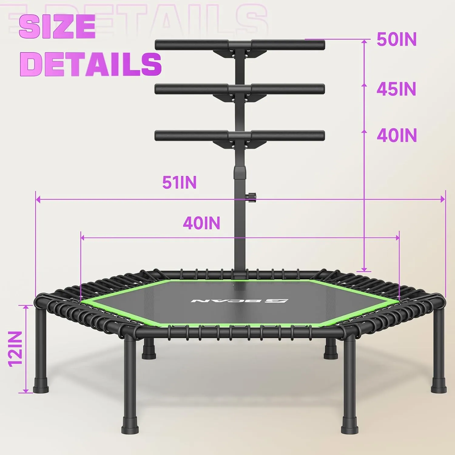 BCAN 48"/51" Mini Hexagon Trampoline, Max Load 450 LBS Fitness Trampoline with T-Adjustable Handle Bar, Silent Bungees, Larger, More Stable, Quieter Exercise Rebounder for Adults Indoor/Garden Workout