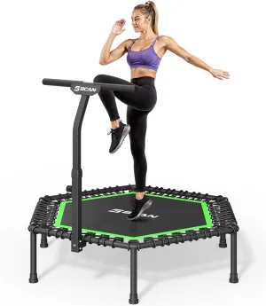 BCAN 48"/51" Mini Hexagon Trampoline, Max Load 450 LBS Fitness Trampoline with T-Adjustable Handle Bar, Silent Bungees, Larger, More Stable, Quieter Exercise Rebounder for Adults Indoor/Garden Workout