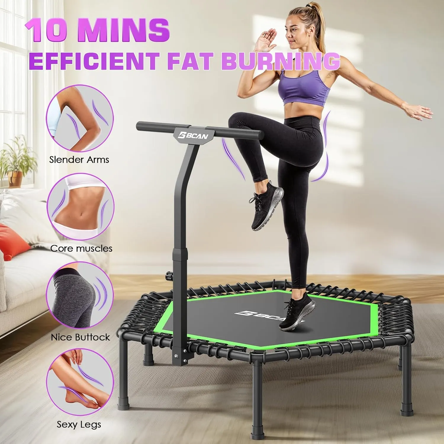 BCAN 48"/51" Mini Hexagon Trampoline, Max Load 450 LBS Fitness Trampoline with T-Adjustable Handle Bar, Silent Bungees, Larger, More Stable, Quieter Exercise Rebounder for Adults Indoor/Garden Workout