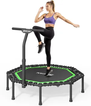 BCAN 51" Mini Foldable Trampoline, Max Load 450 LBS Fitness Trampoline with T-Adjustable Handle Bar, Silent Bungees, Larger, More Stable, Quieter Exercise Rebounder for Adults Indoor/Garden Workout