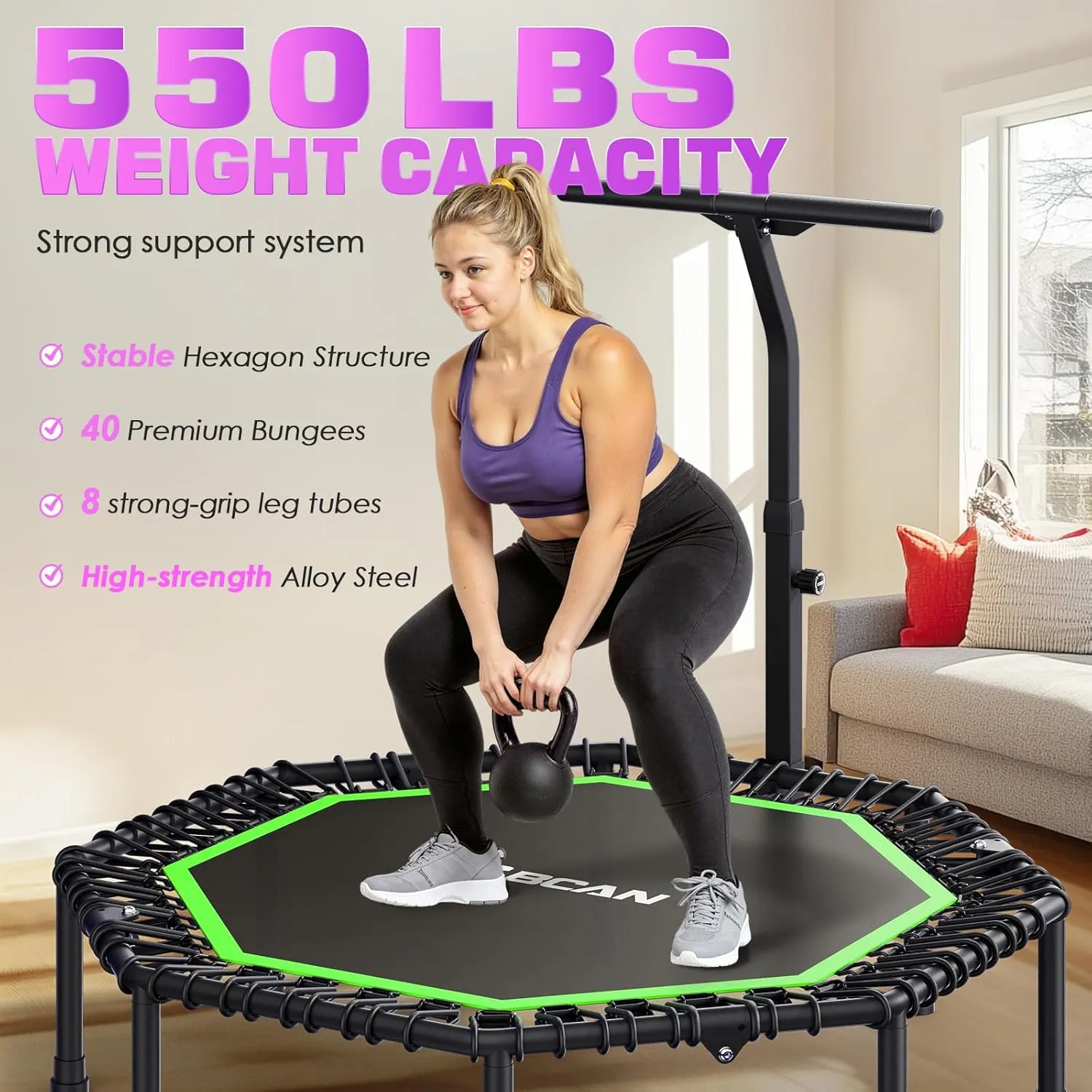 BCAN 51" Mini Foldable Trampoline, Max Load 450 LBS Fitness Trampoline with T-Adjustable Handle Bar, Silent Bungees, Larger, More Stable, Quieter Exercise Rebounder for Adults Indoor/Garden Workout