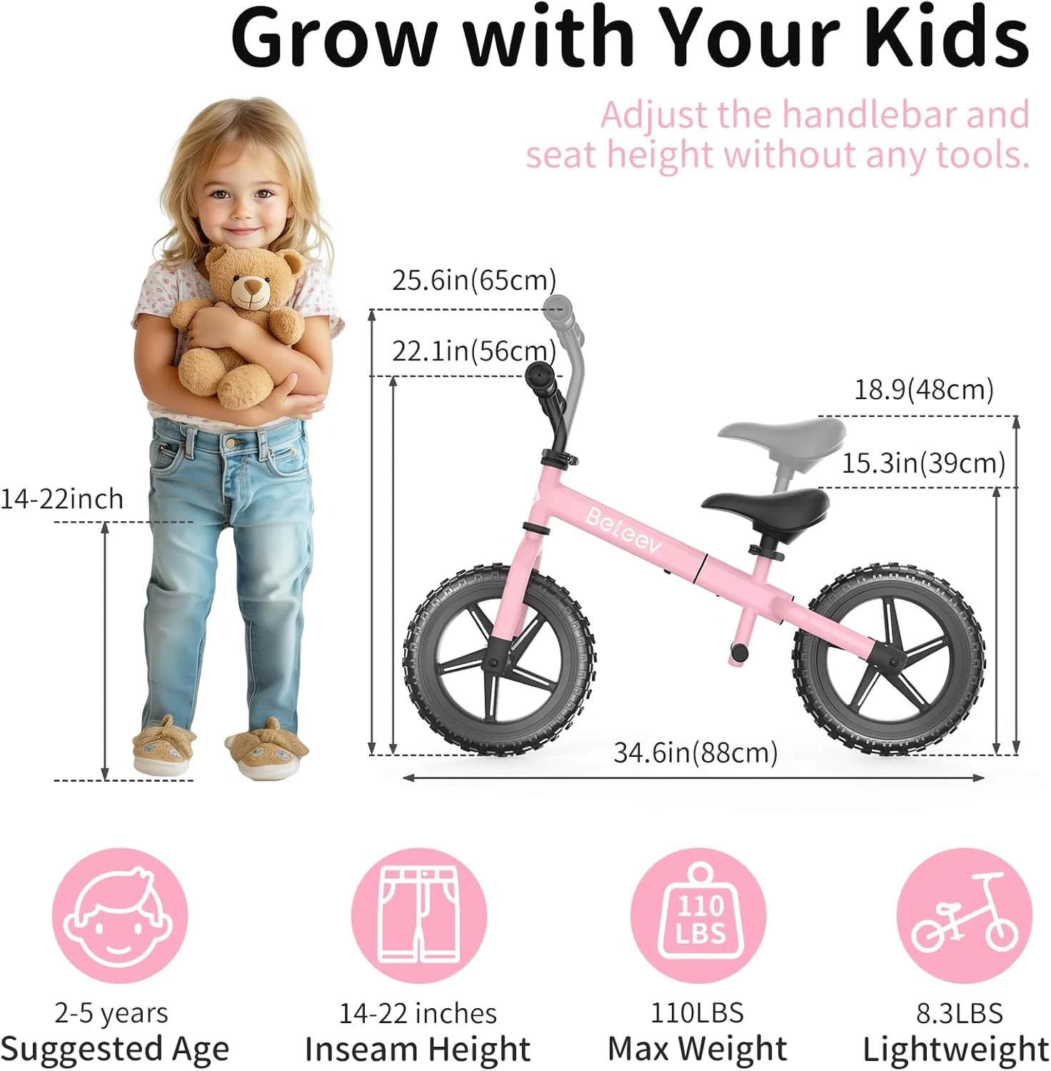 BELEEV C2 Toddler Balance Bike for 2-5 Year Olds with LED Light-Up Wheels, Adjustable Seat & Handlebar & Footrest, 12 inch No-Pedal Training Kids Push Bicycle - First Birthday Gift for Boys & Girls