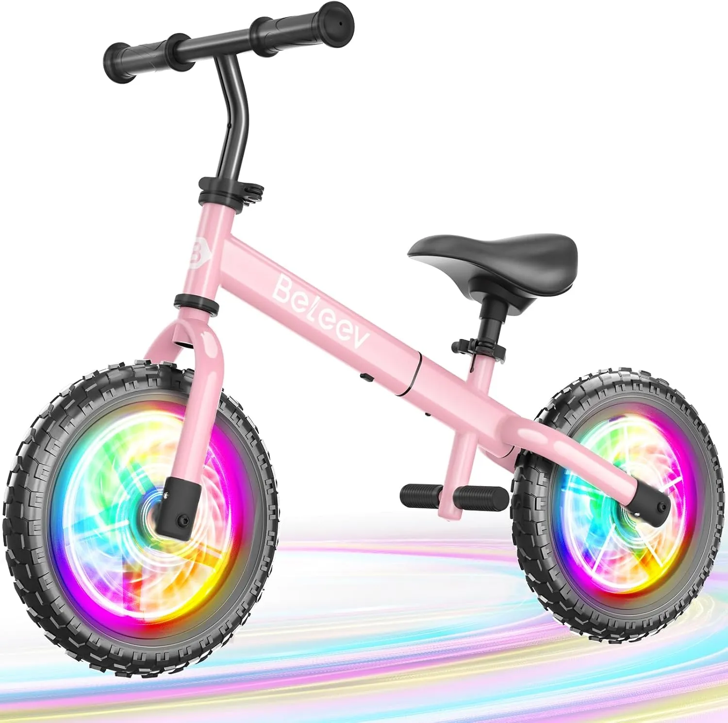 BELEEV C2 Toddler Balance Bike for 2-5 Year Olds with LED Light-Up Wheels, Adjustable Seat & Handlebar & Footrest, 12 inch No-Pedal Training Kids Push Bicycle - First Birthday Gift for Boys & Girls