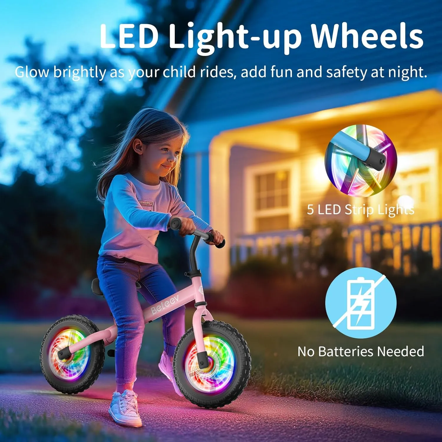 BELEEV C2 Toddler Balance Bike for 2-5 Year Olds with LED Light-Up Wheels, Adjustable Seat & Handlebar & Footrest, 12 inch No-Pedal Training Kids Push Bicycle - First Birthday Gift for Boys & Girls