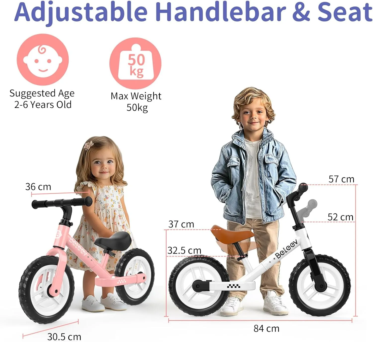 BELEEV C3 Toddler Balance Bike for 2-6 Year Old, 12 inch Kids Bicycle with Light-Up Wheels, Carry Strap, Adjustable Handlebar & Seat, Carbon Steel Frame, Customize Plate, No Pedal Push Training Bike