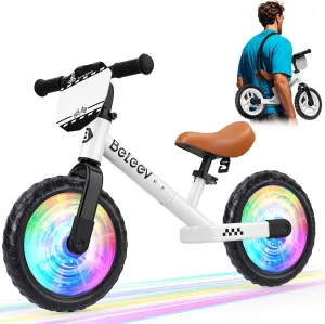 BELEEV C3 Toddler Balance Bike for 2-6 Year Old, 12 inch Kids Bicycle with Light-Up Wheels, Carry Strap, Adjustable Handlebar & Seat, Carbon Steel Frame, Customize Plate, No Pedal Push Training Bike