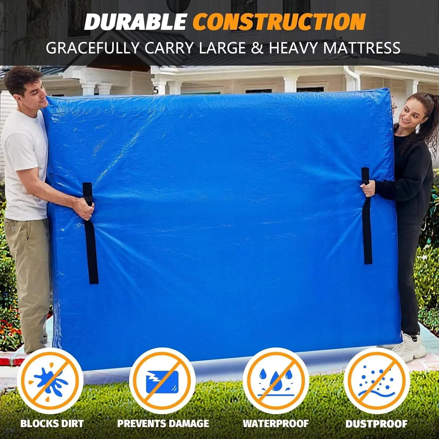 BETU Mattress Bags for Moving, Mattress Protector Waterproof Mattress Cover Queen Size Storage Bags with 8 Heavy-Duty Handles and Zipper for Bed Extra Thick Large Reusable (82"x62"x15" Blue)
