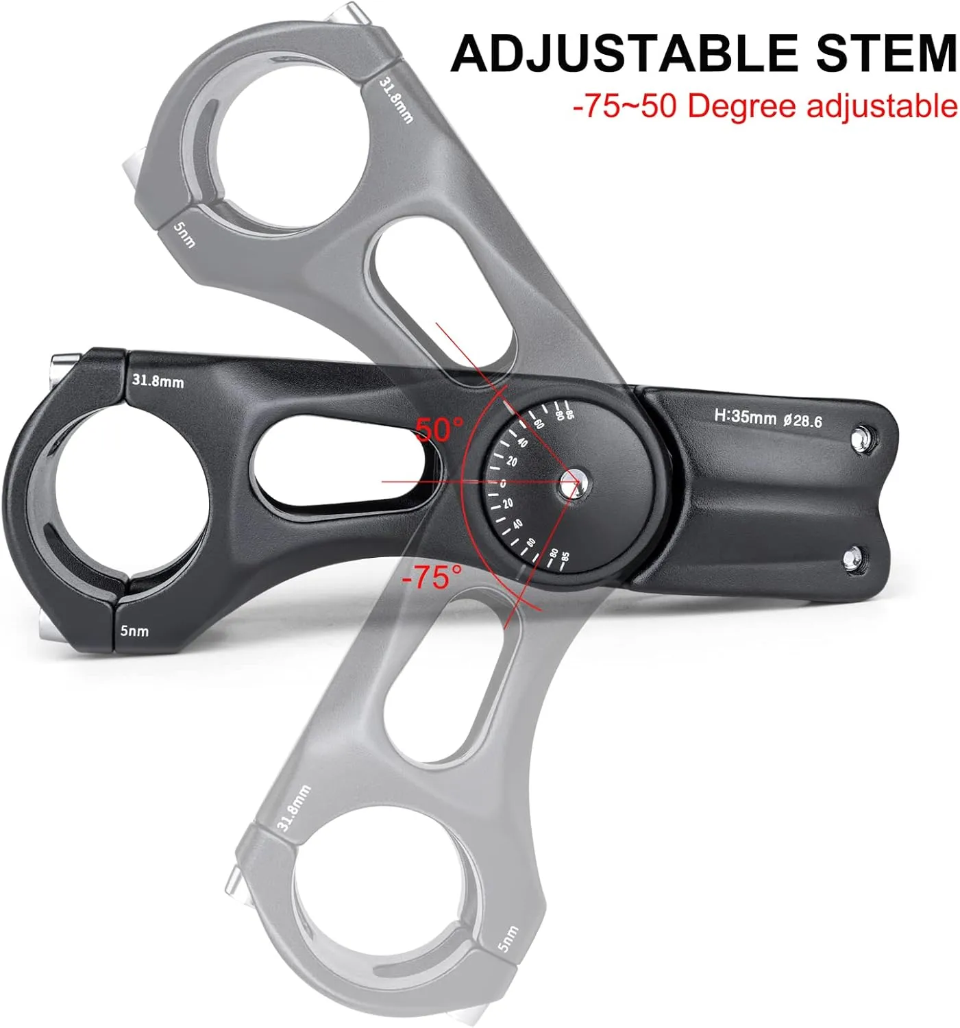 Bike Bicycle Stem - -75 ~   50 Degree Adjustable bike Stem- 90/110/145mm Bike Stem Riser For 31.8(1-1/4") Handlebars- Aluminum Alloy Mountain Bike Handlebar Riser Extender For Mountain Road City Bike