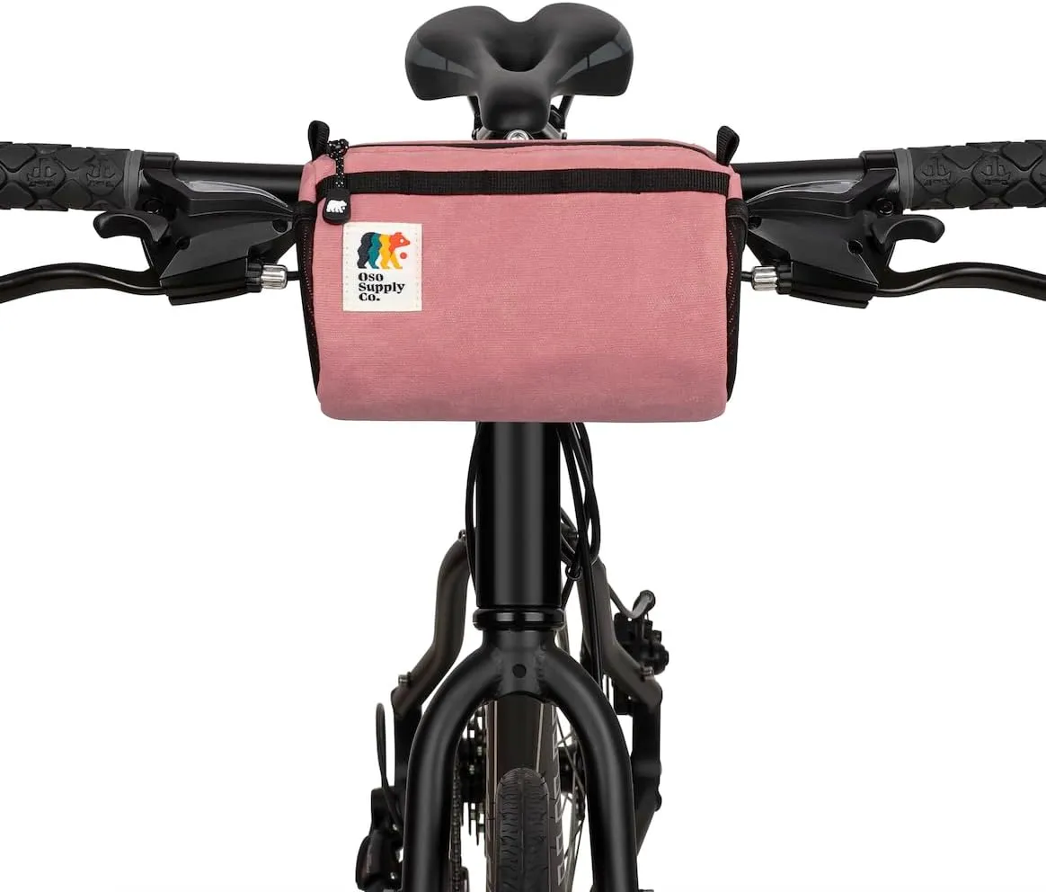Bike Handlebar Bag – Waxed Canvas Exterior with Quick-Access Waterproof Zipper, Side Mesh Pockets and Spacious Storage – Ideal for Cycling, Commuting and Adventure Rides (Coral)