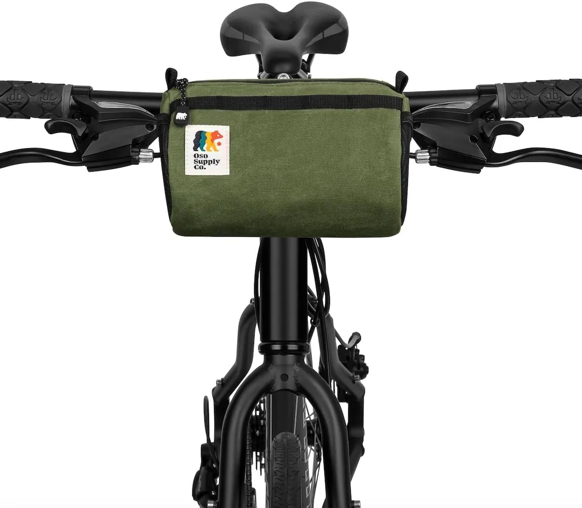 Bike Handlebar Bag – Waxed Canvas Exterior with Quick-Access Waterproof Zipper, Side Mesh Pockets and Spacious Storage – Ideal for Cycling, Commuting and Adventure Rides (Olive Green)