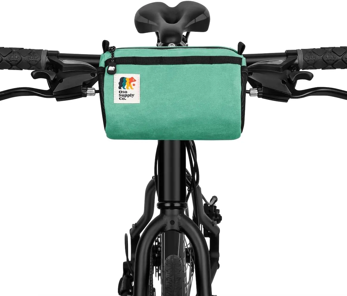 Bike Handlebar Bag – Waxed Canvas Exterior with Quick-Access Waterproof Zipper, Side Mesh Pockets and Spacious Storage – Ideal for Cycling, Commuting and Adventure Rides (Turquoise)