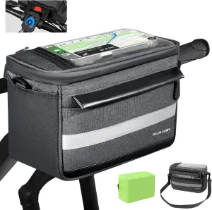 Bike Handlebar Bags, 6L Bicycle Front Phone Bag with Handlebar Adapter, Waterproof Bike Bag with TPU Touch Screen for Road MTB, Reflective Cycling Handlebar Bag with Shoulder Strap for Outdoor Cycling