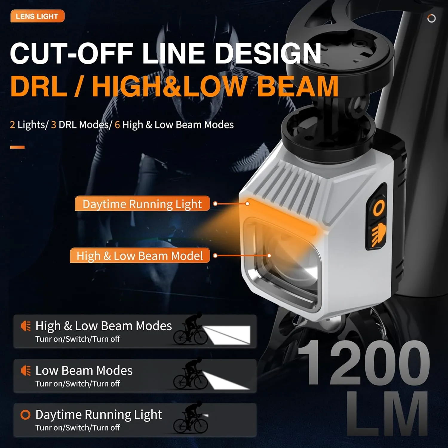 Bike Light, Underneath Mounted Headlight for Night Riding, 1200LM Cut-Off Line Beam, Rechargeable Front Bicycle Light, 9 Modes, IPX6 Waterproof for Road MTB E-Bike