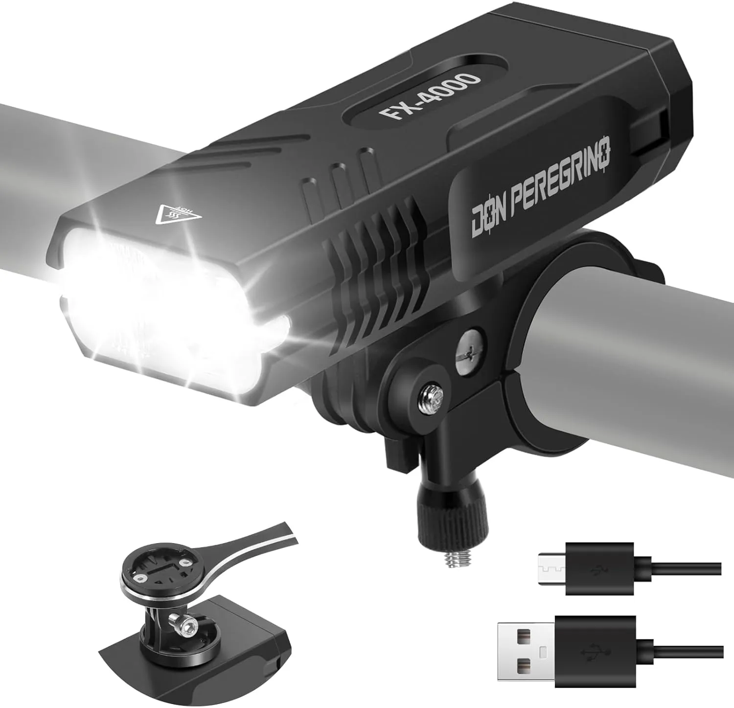 Bike Lights for Night Riding 4000 Lumens – Aluminum Casing, IP65 Waterproof, USB-C Rechargeable, 6 Steady/Flash Modes, Quick Release Mount, DON PEREGRINO FX-4000 Front Bike Light
