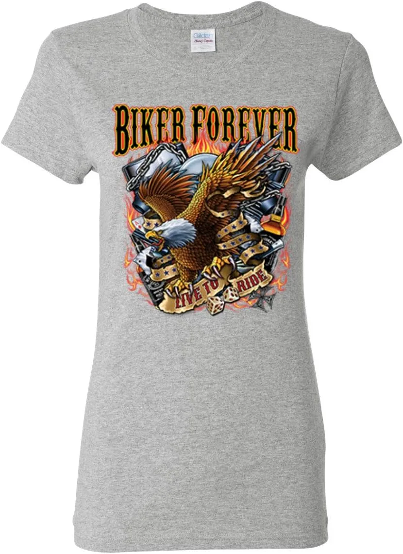 Biker Forever American Eagle Live to Ride Cars and Trucks Womens Graphic T-Shirt