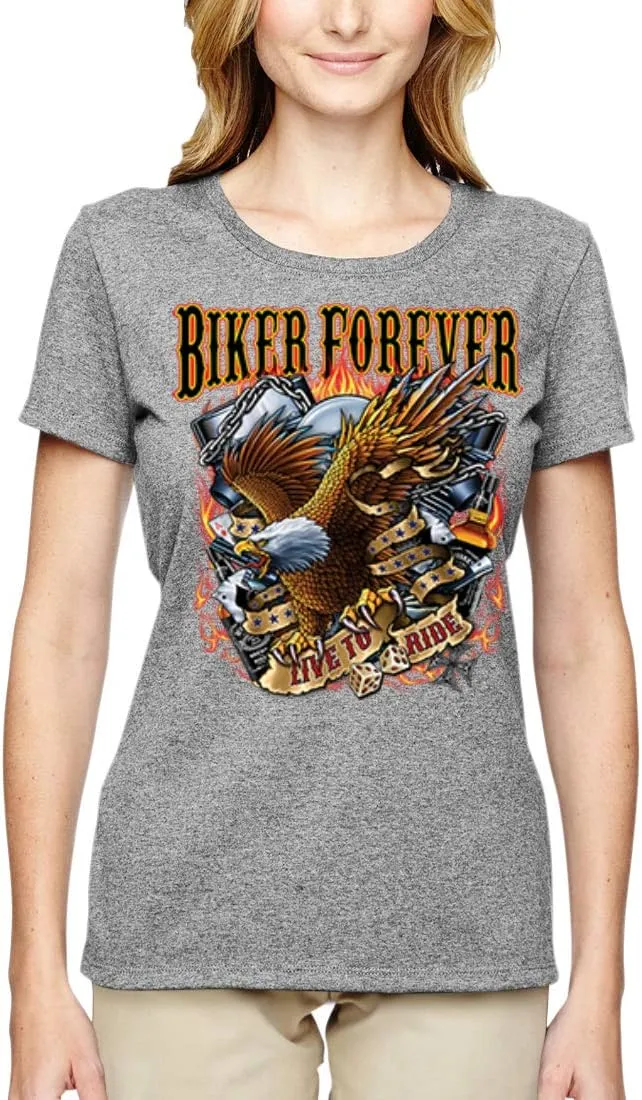 Biker Forever American Eagle Live to Ride Cars and Trucks Womens Graphic T-Shirt