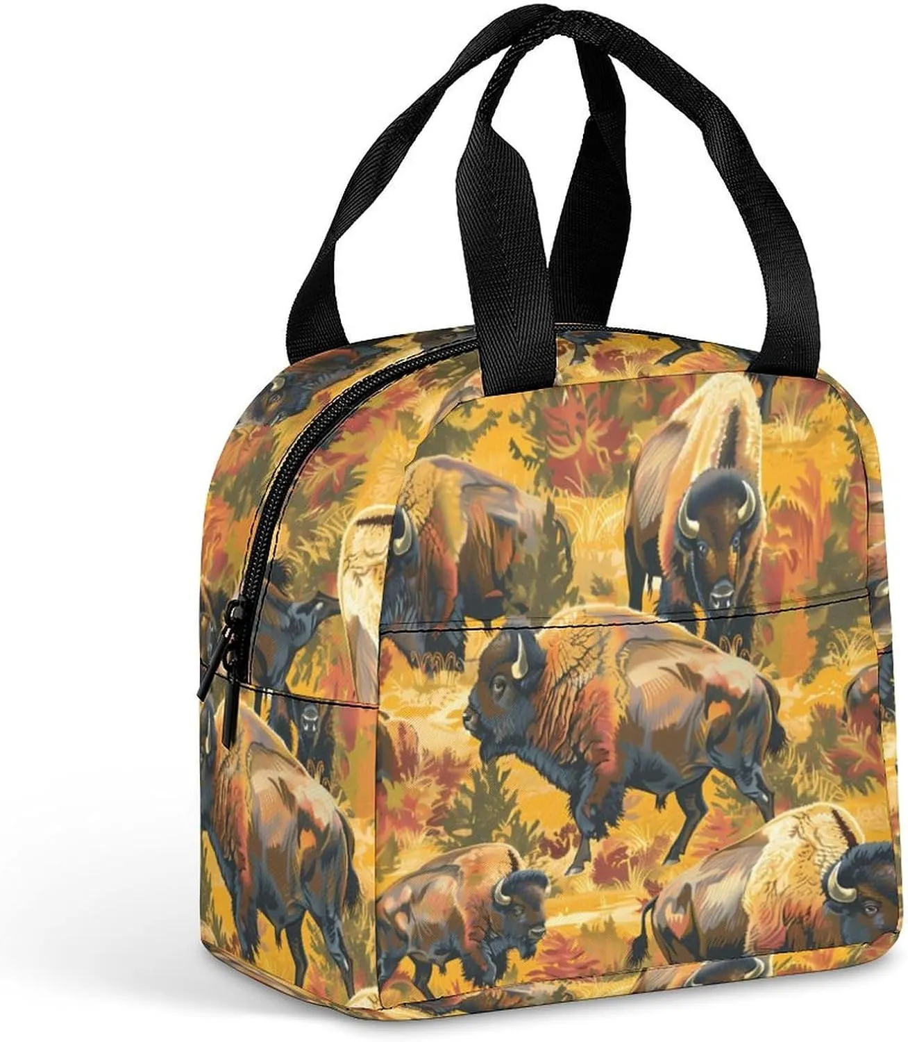 Bison Herd Funny Reusable Lunch Bag Insulated Tote Box Cooler Food Handbags Case For Women Men 8.5 X 8 X 5 Inches