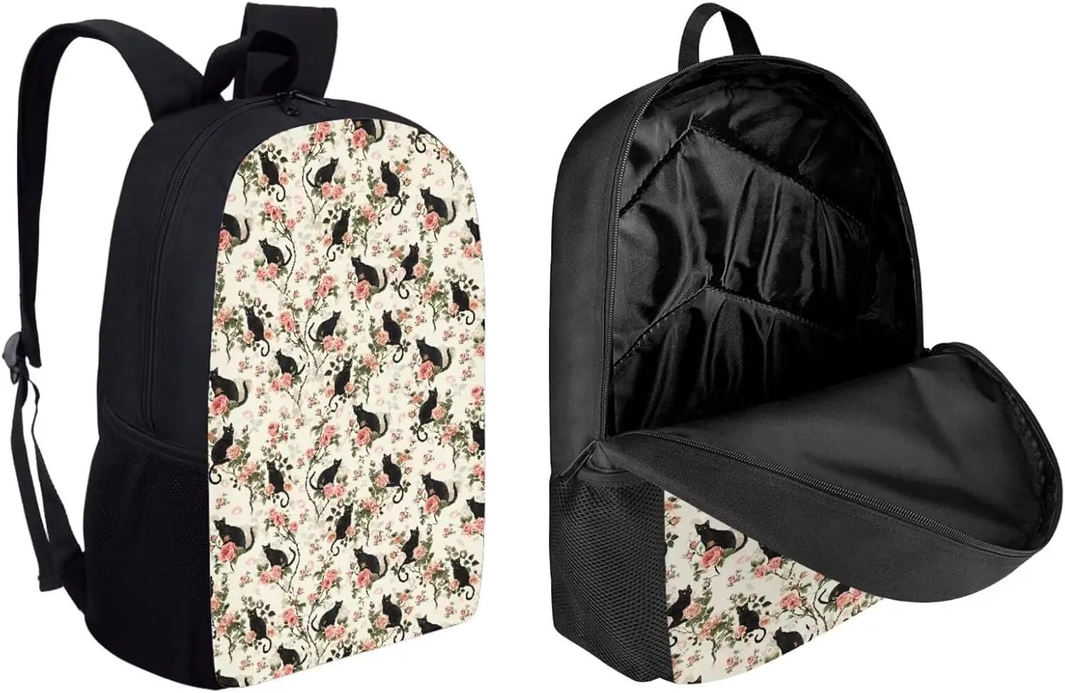 Black Cat Flower Vintage Kids Backpack Set with Lunch Box and Pencil Case 3 Piece School Book Bags