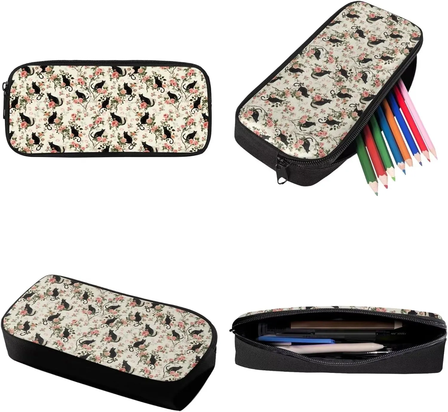 Black Cat Flower Vintage Kids Backpack Set with Lunch Box and Pencil Case 3 Piece School Book Bags