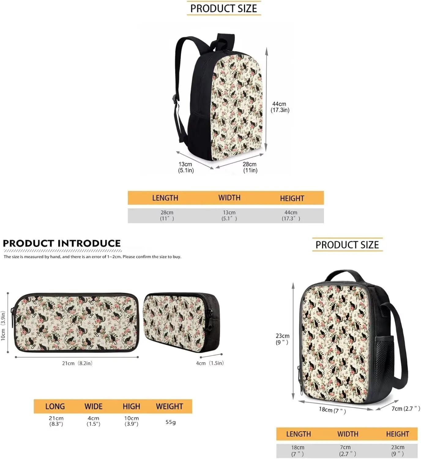 Black Cat Flower Vintage Kids Backpack Set with Lunch Box and Pencil Case 3 Piece School Book Bags