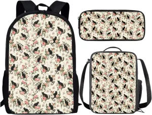 Black Cat Flower Vintage Kids Backpack Set with Lunch Box and Pencil Case 3 Piece School Book Bags