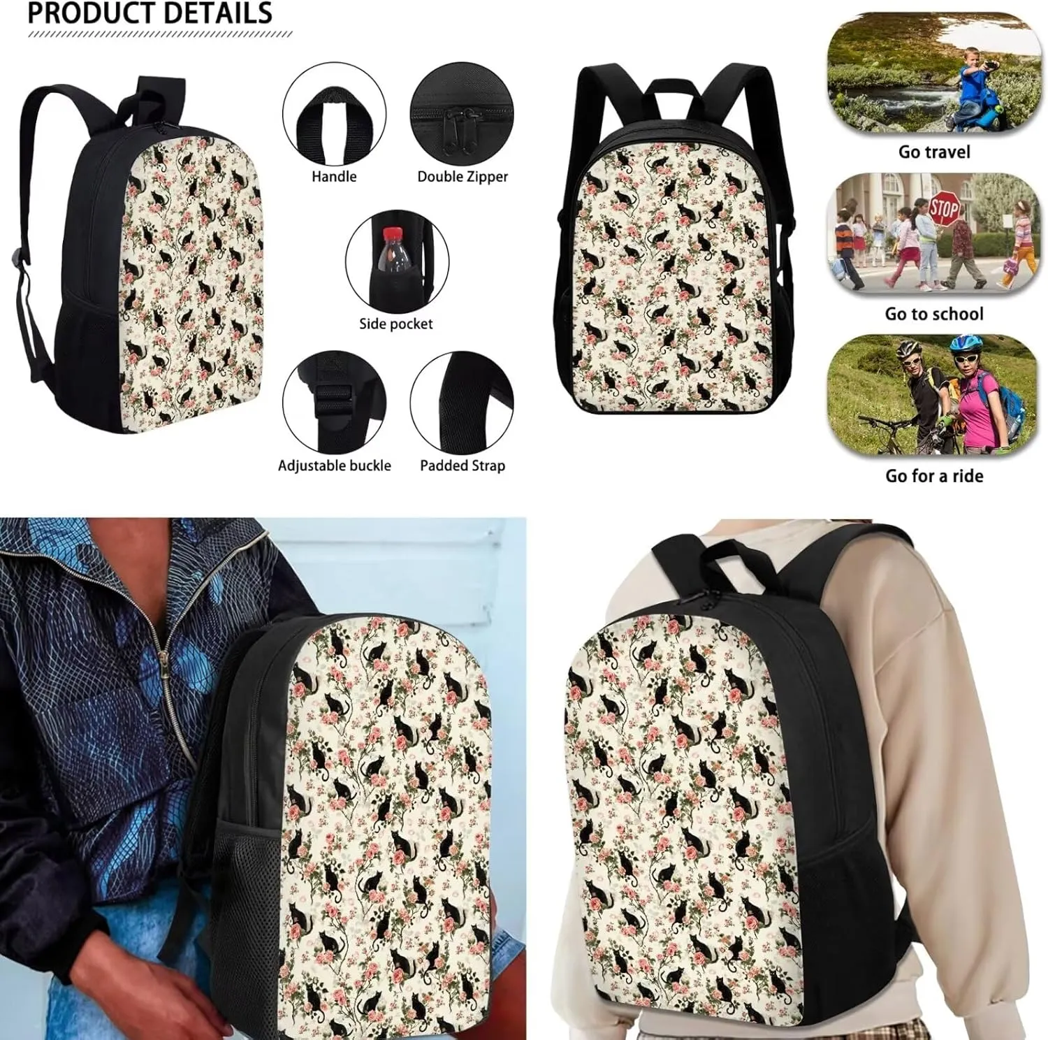 Black Cat Flower Vintage Kids Backpack Set with Lunch Box and Pencil Case 3 Piece School Book Bags