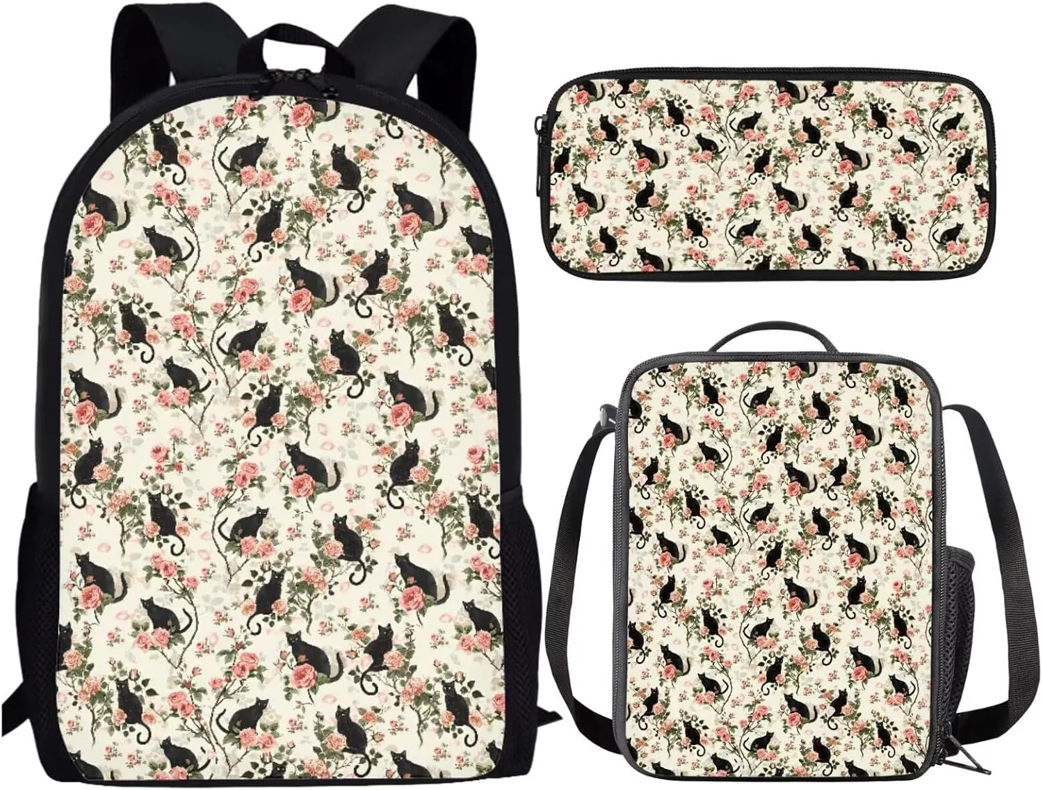 Black Cat Flower Vintage Kids Backpack Set with Lunch Box and Pencil Case 3 Piece School Book Bags