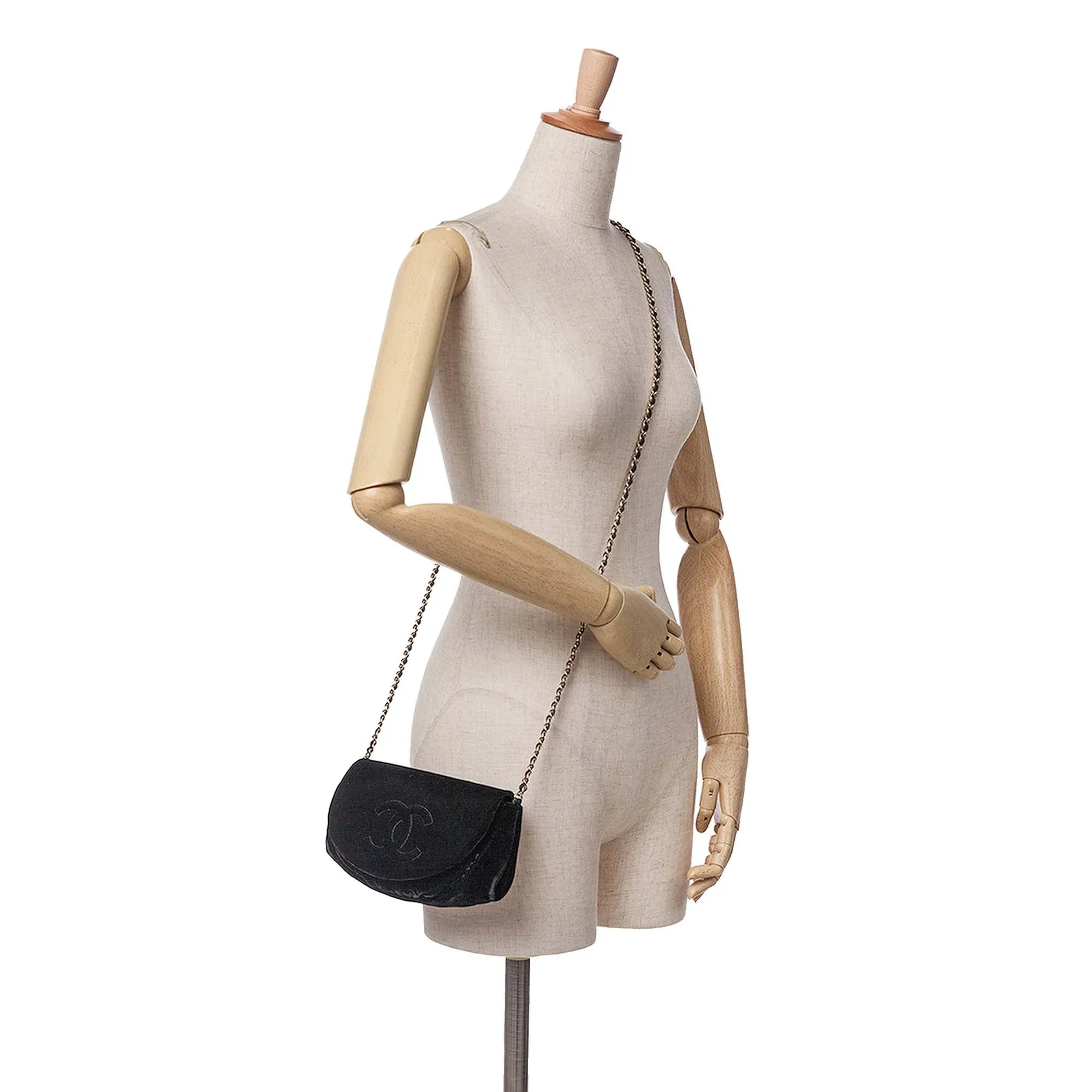 Black Chanel CC Velvet Half Moon Wallet on Chain Crossbody Bag
