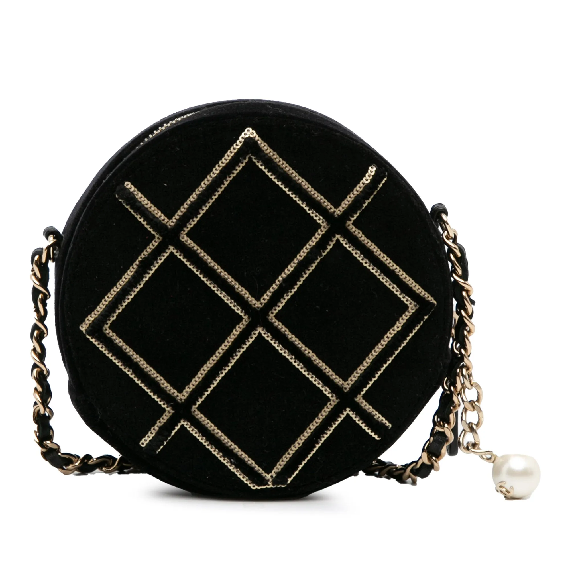 Black Chanel Velvet Pearl Sequin Round Crossbody