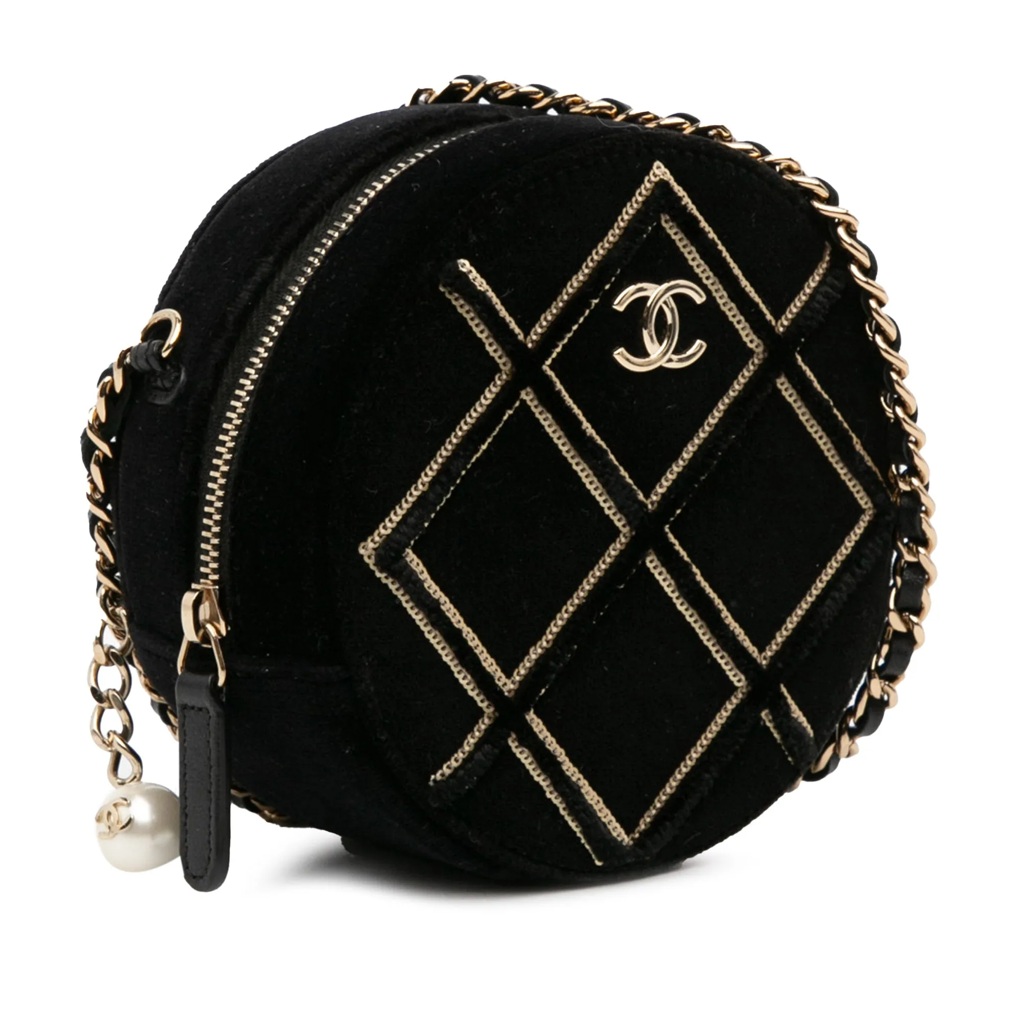 Black Chanel Velvet Pearl Sequin Round Crossbody