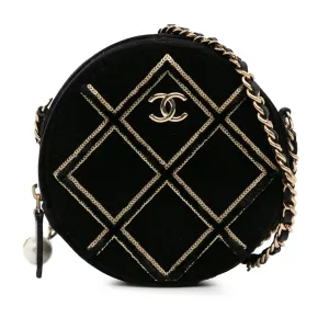 Black Chanel Velvet Pearl Sequin Round Crossbody