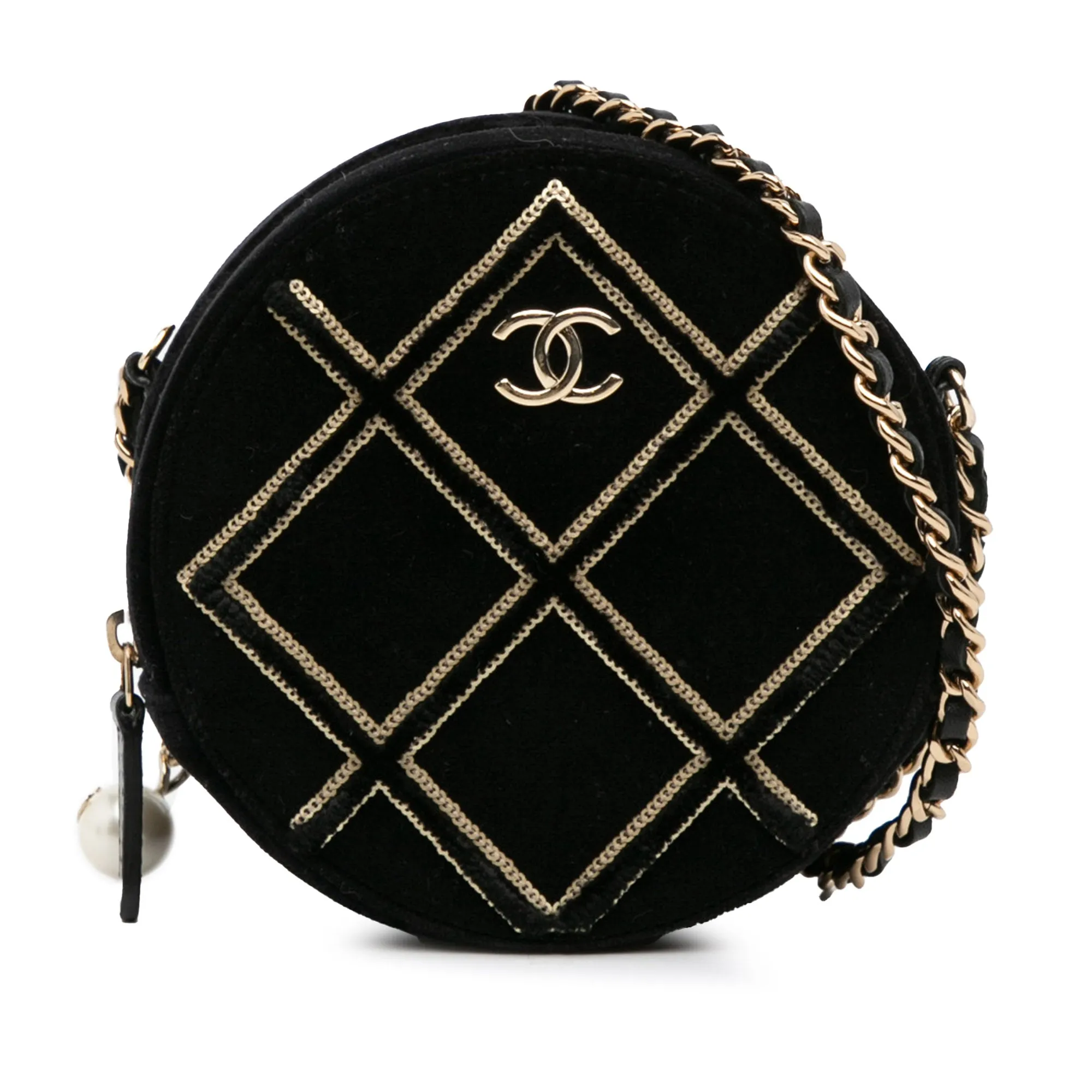 Black Chanel Velvet Pearl Sequin Round Crossbody