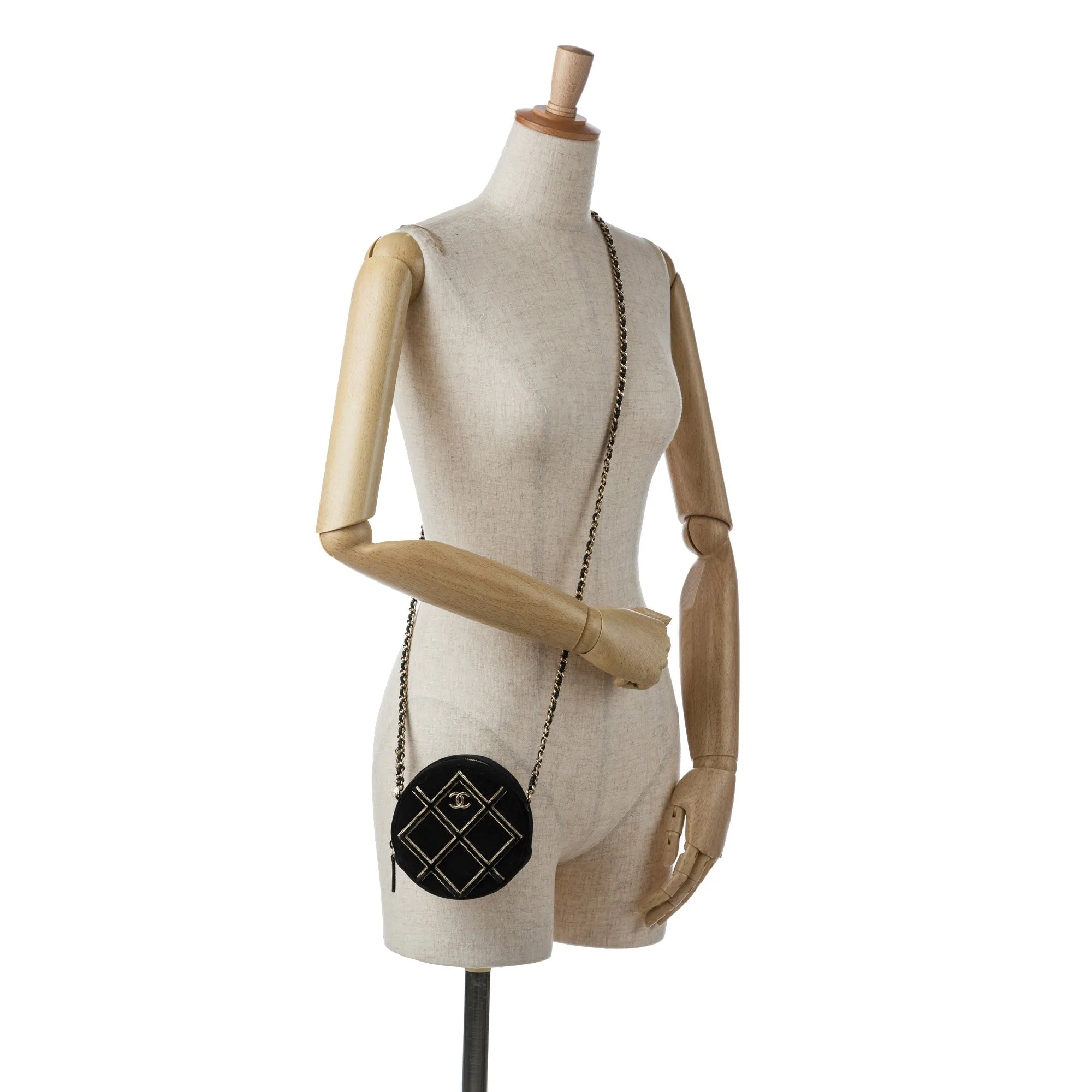 Black Chanel Velvet Pearl Sequin Round Crossbody