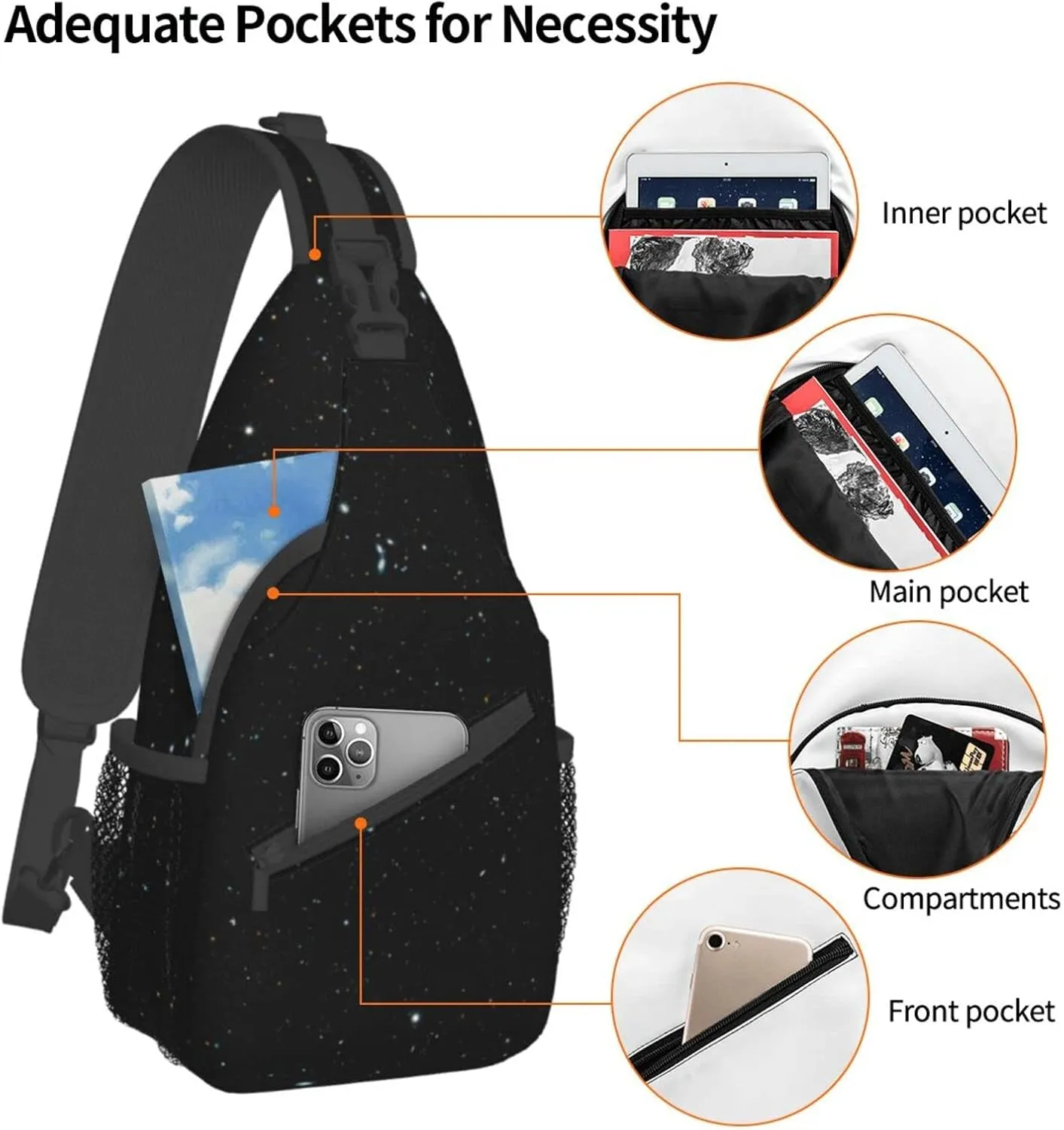 Black Glitter Print Crossbody Backpack Shoulder Bag Cross Chest Bag For Travel, Hiking Gym Tactical Use