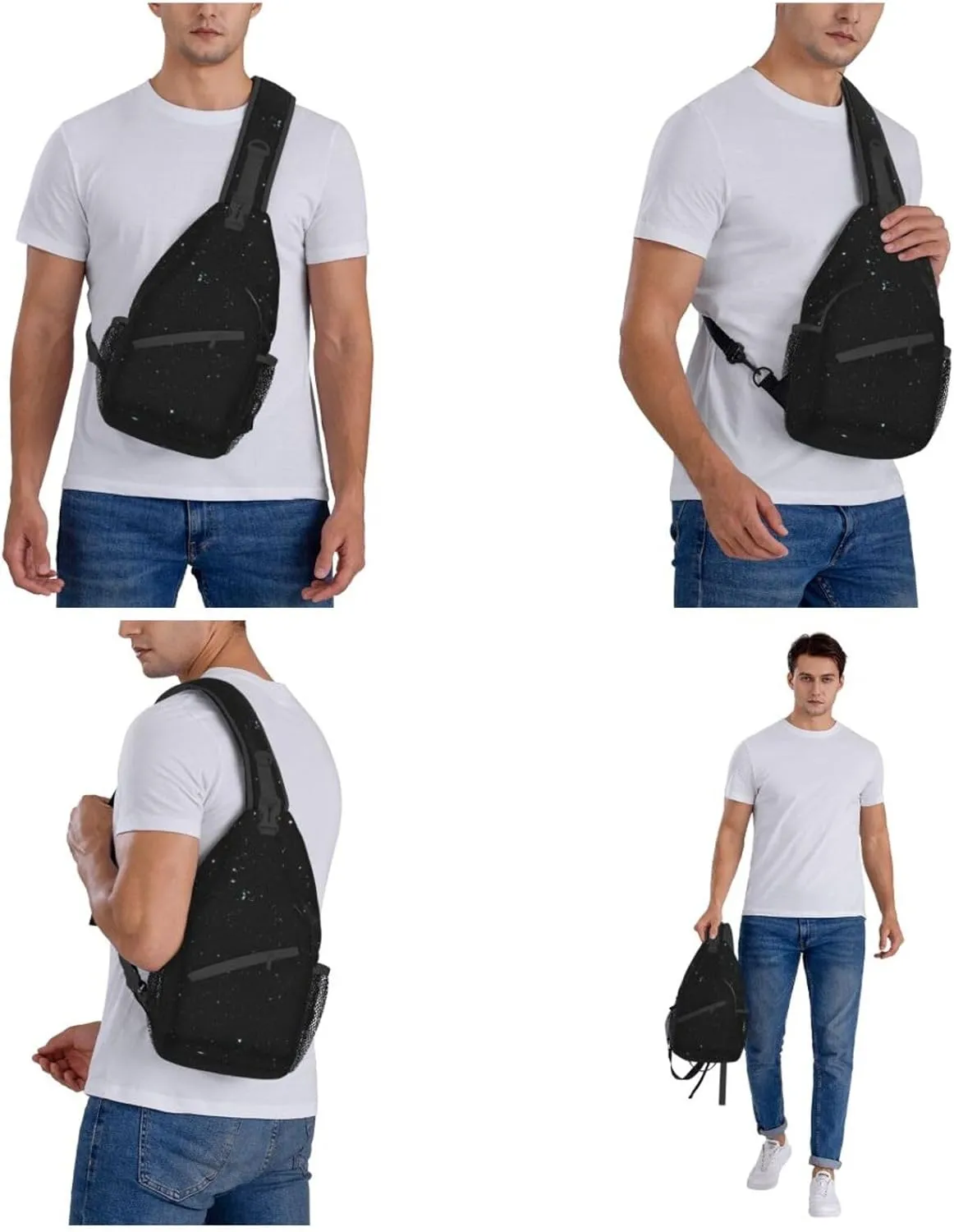 Black Glitter Print Crossbody Backpack Shoulder Bag Cross Chest Bag For Travel, Hiking Gym Tactical Use