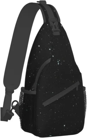 Black Glitter Print Crossbody Backpack Shoulder Bag Cross Chest Bag For Travel, Hiking Gym Tactical Use