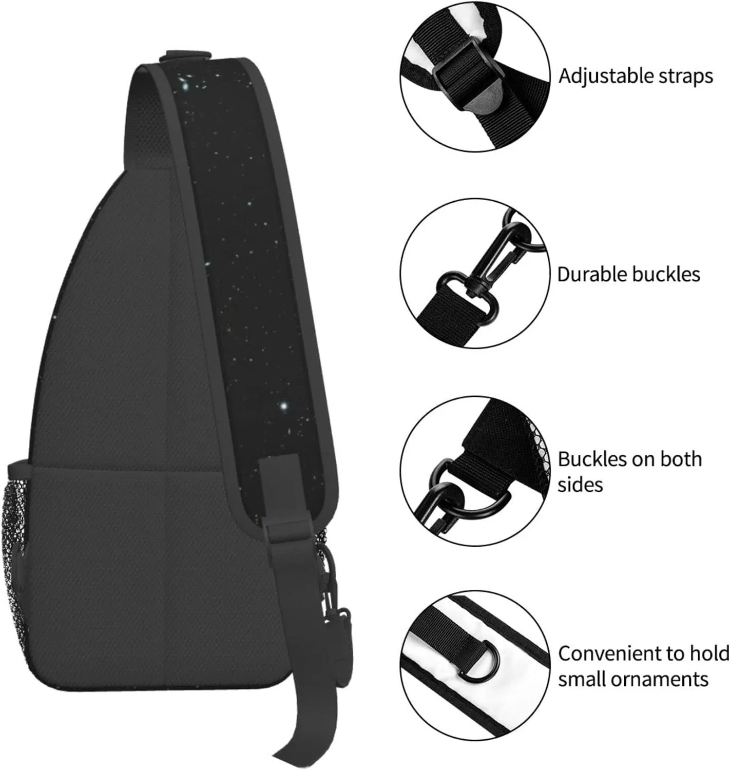 Black Glitter Print Crossbody Backpack Shoulder Bag Cross Chest Bag For Travel, Hiking Gym Tactical Use