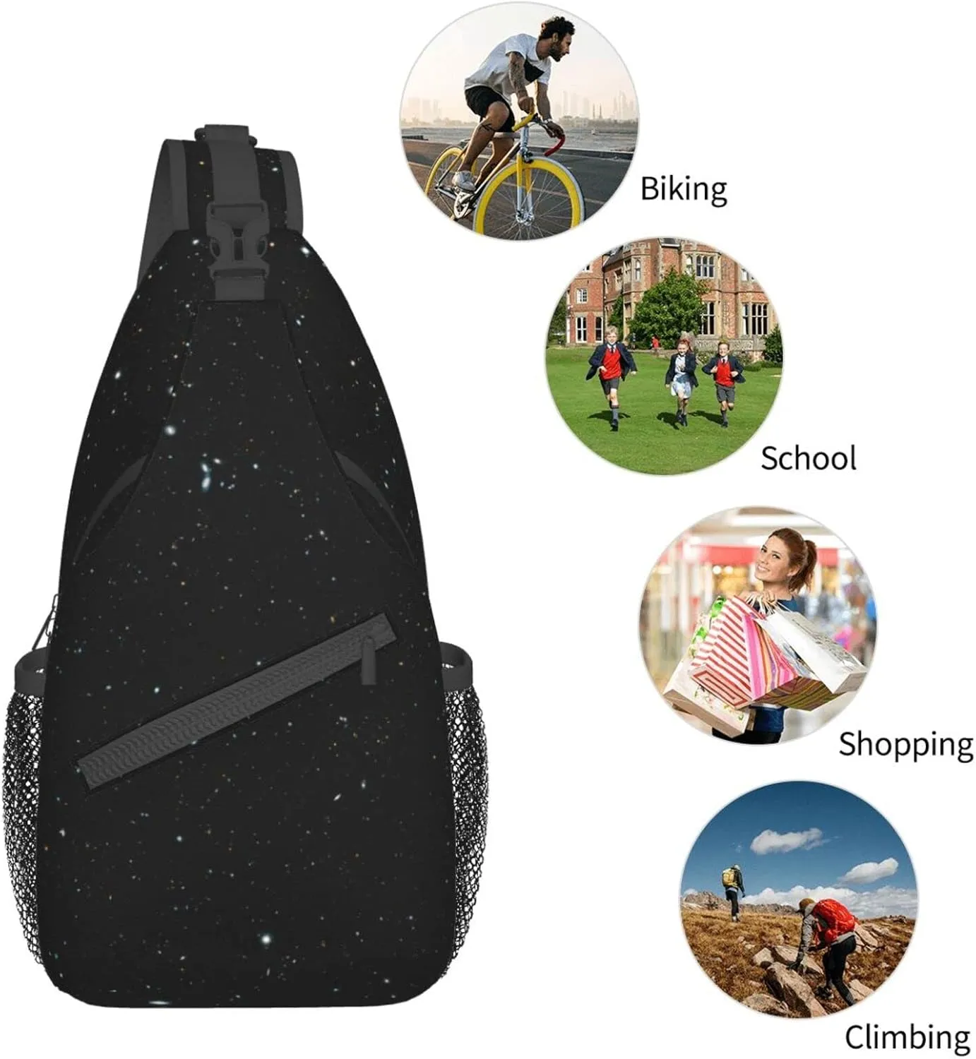 Black Glitter Print Crossbody Backpack Shoulder Bag Cross Chest Bag For Travel, Hiking Gym Tactical Use