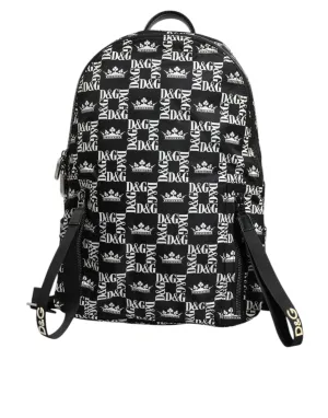 Black White Crown Printed Nylon School Backpack Bag