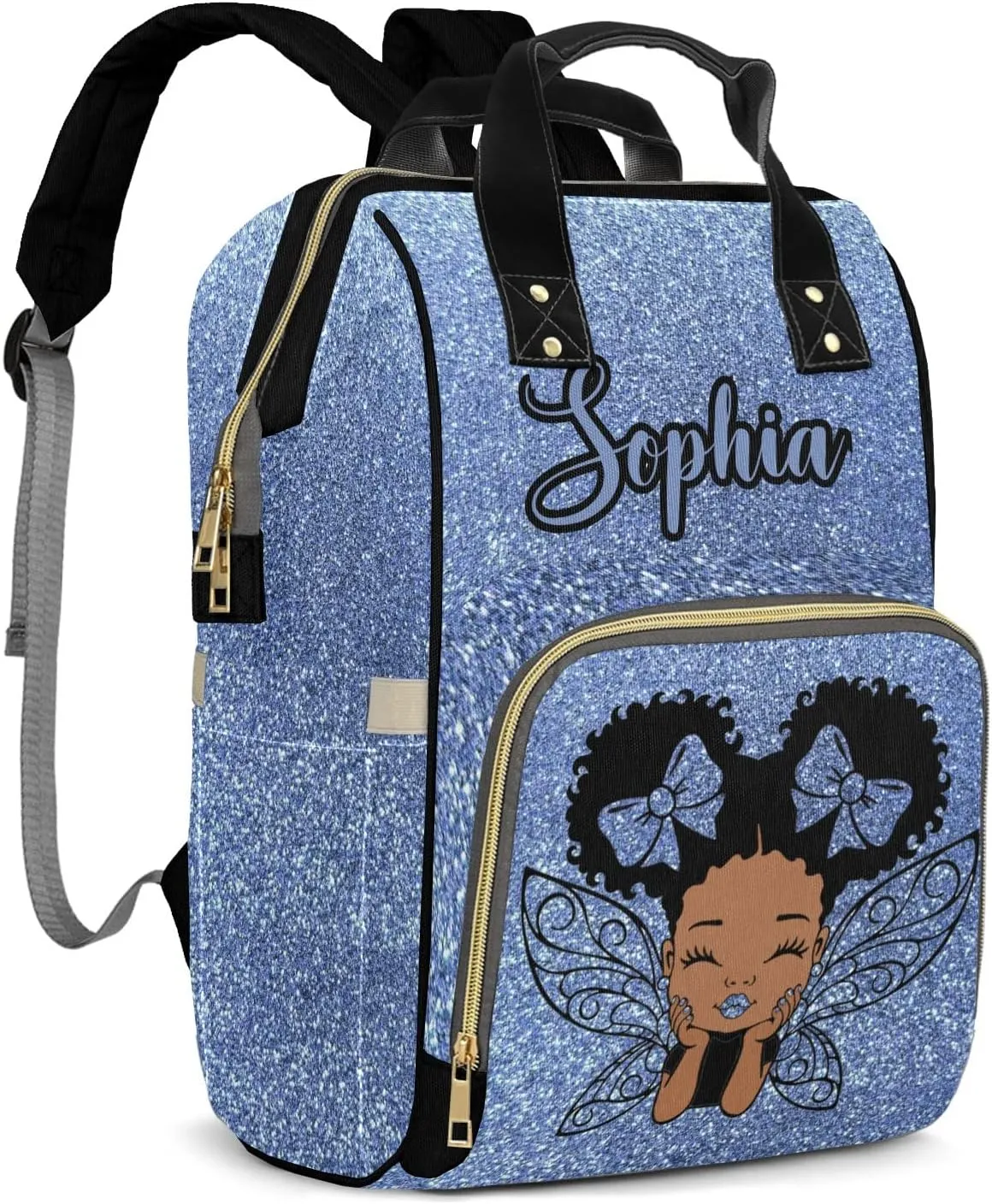 Blue Bling Print Mummy Bag Custom with Name Tote Bag Personalized Diaper Bag Backpacks Gift
