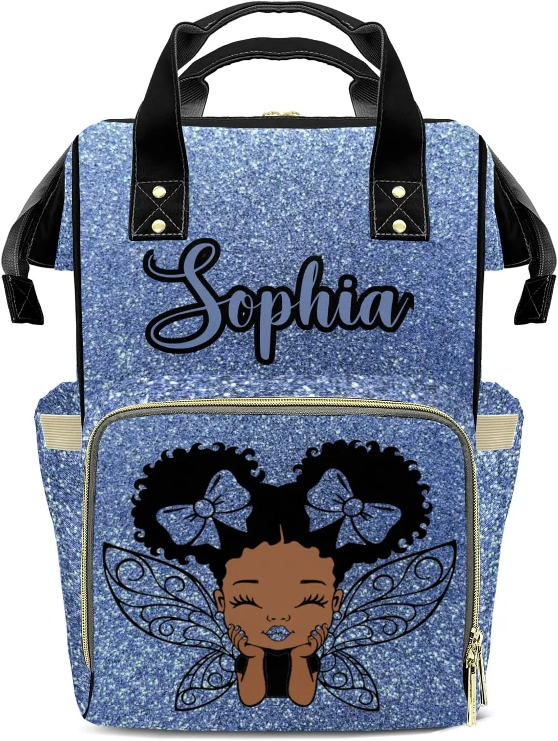 Blue Bling Print Mummy Bag Custom with Name Tote Bag Personalized Diaper Bag Backpacks Gift