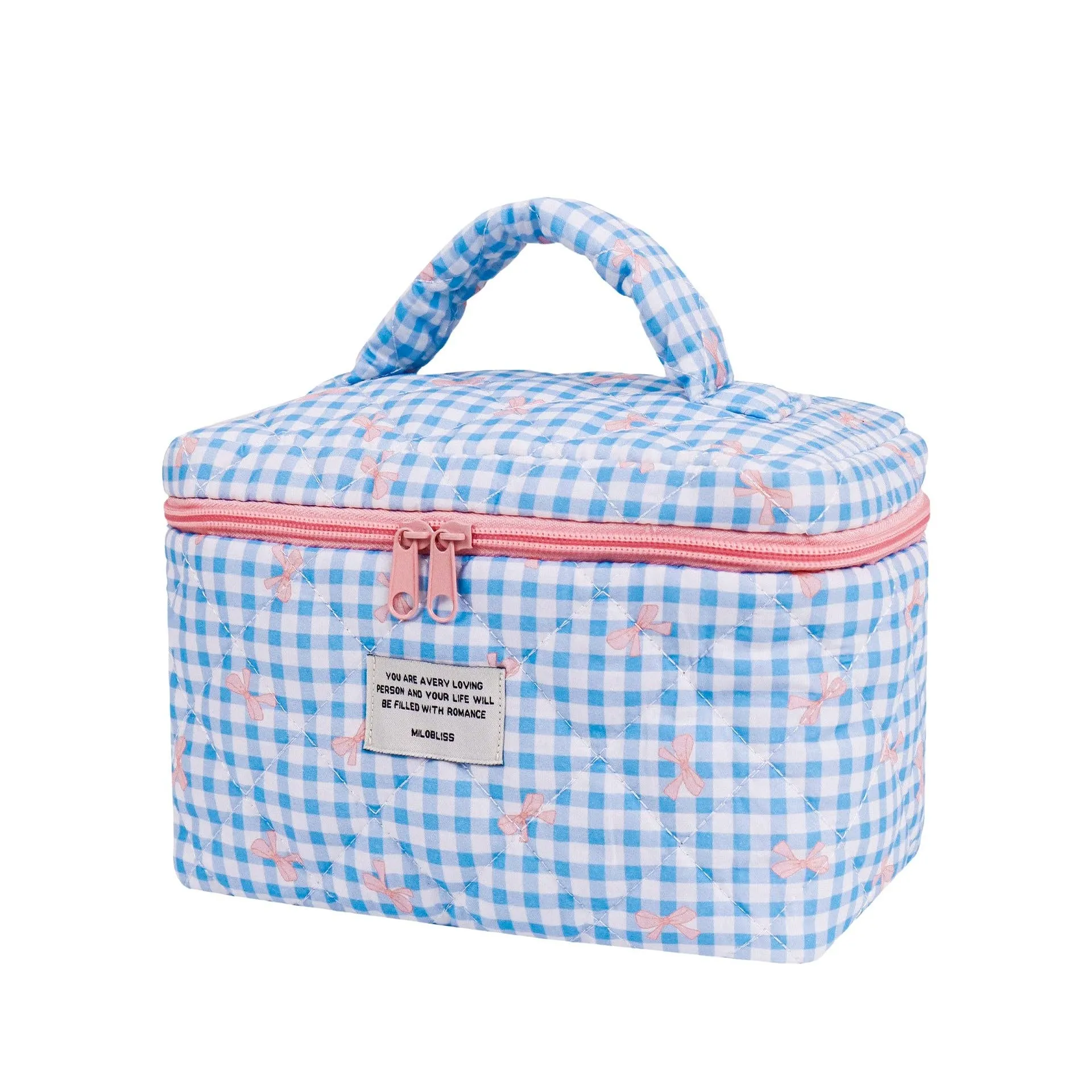 Blue Checkered Bow Cotton Cosmetic Bag Organizer: L