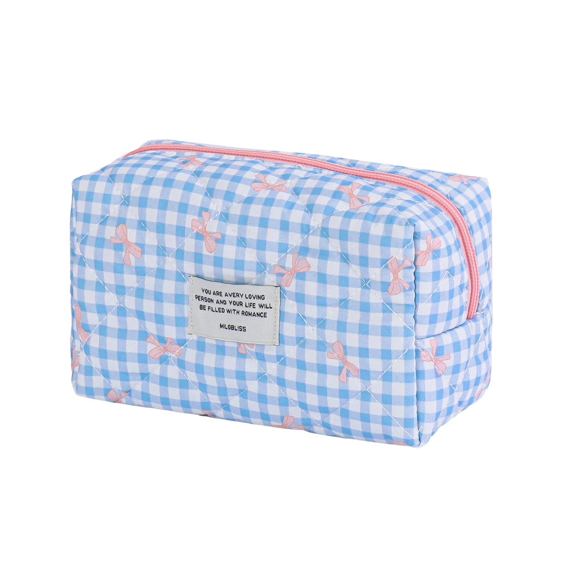 Blue Checkered Bow Cotton Cosmetic Bag Organizer: L