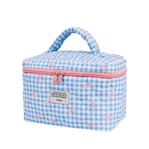 Blue Checkered Bow Cotton Cosmetic Bag Organizer: L