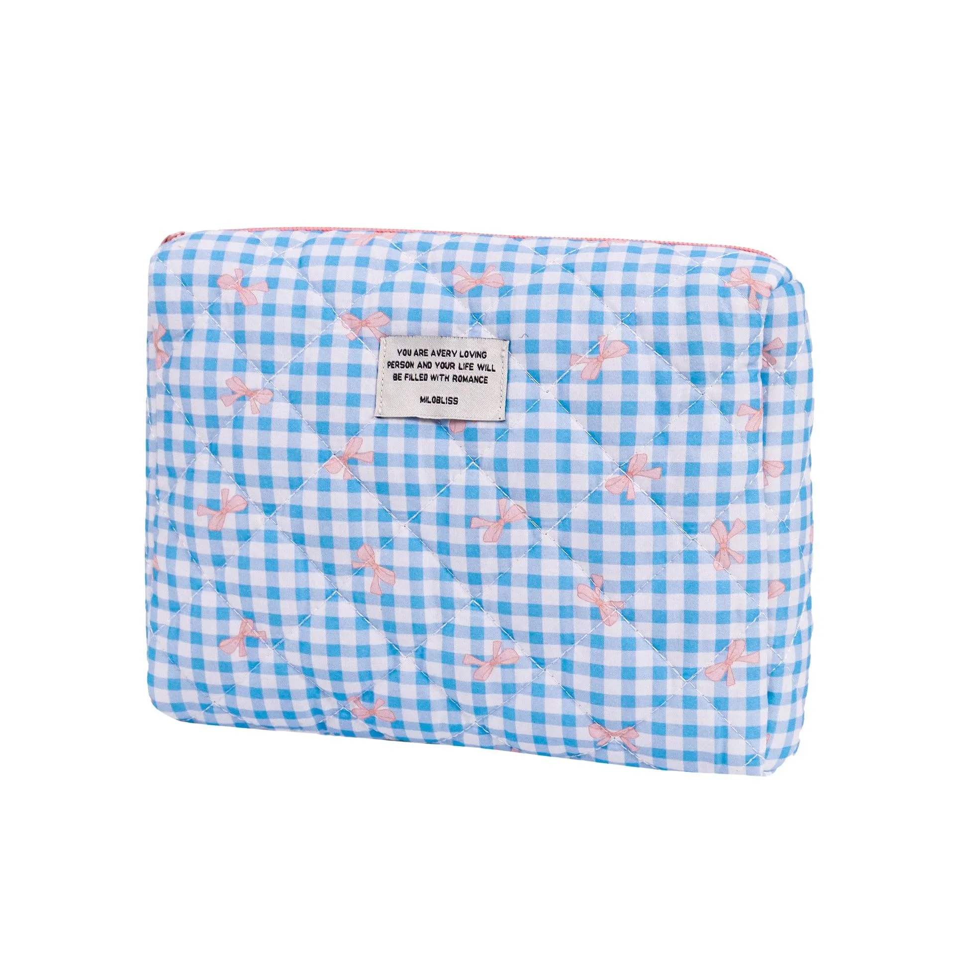 Blue Checkered Bow Cotton Cosmetic Bag Organizer: L