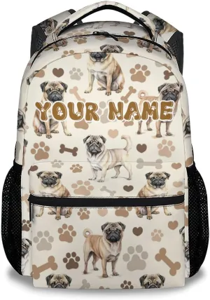 Bookbag for Girls, 17 Inch Custom Pug Backpacks for Elementary Middle, Personalization Cute Dog Kids Backpack for School Travel